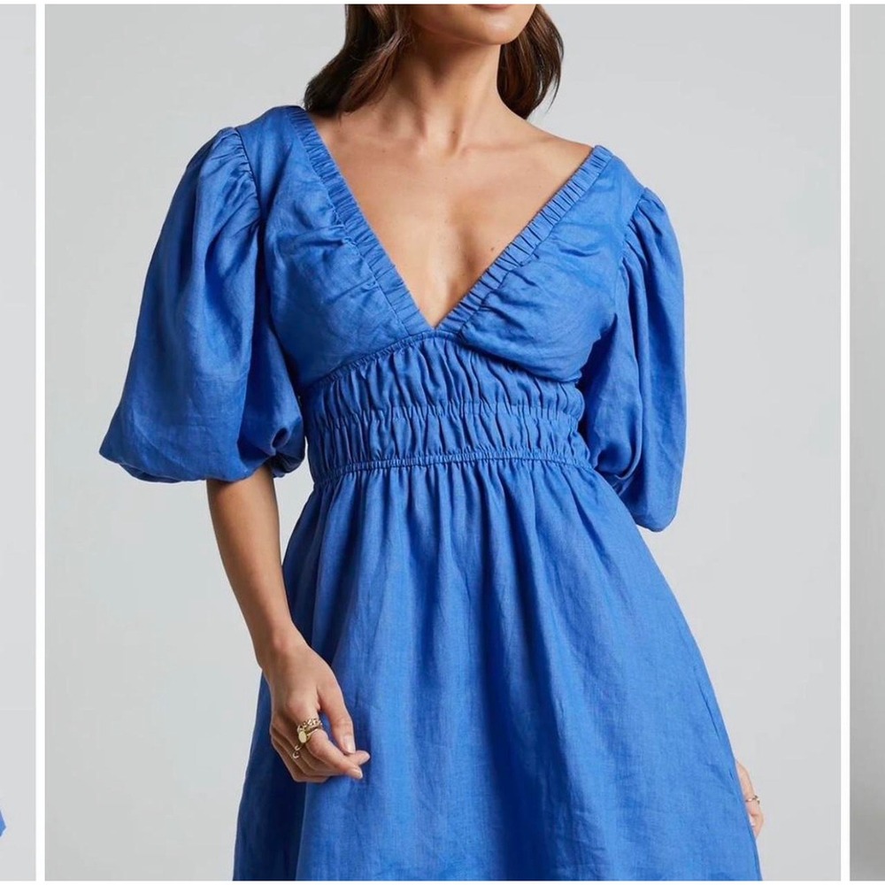 AMALIE THE LABEL - KHAILA LINEN PLUNGE PUFF SLEEVE MINI LINEN DRESS 16